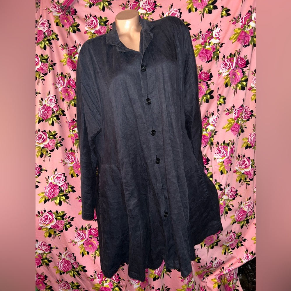 ESKANDAR Long black trench coat jacket linen vintage goth vamp punk blazer